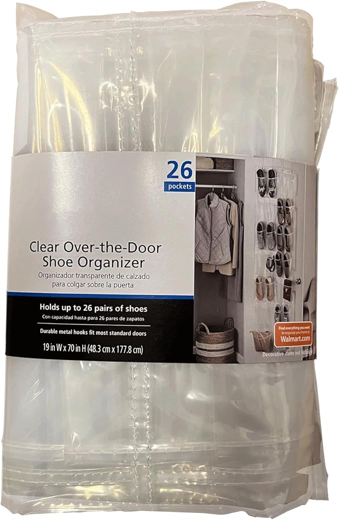 26-Pocket Over-The-Door Shoe Organizer - Clear PEVA Hanging Storage for Shoes & Accessories, Space-Saving with Metal Hooks (Fits All Doors, 24 Standard + 2 Large Pockets)