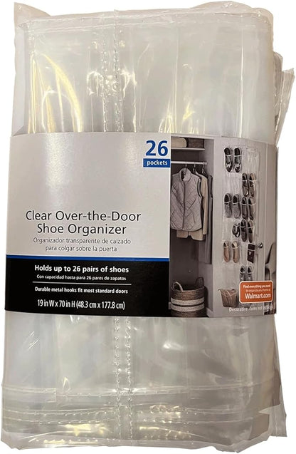 26-Pocket Over-The-Door Shoe Organizer - Clear PEVA Hanging Storage for Shoes & Accessories, Space-Saving with Metal Hooks (Fits All Doors, 24 Standard + 2 Large Pockets)