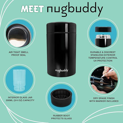 nugbuddy Airtight Storage Container - Vacuum Sealed Insulated w Nested Glass Jar - UV Protection, Temperature Controlled Stainless - Whiteboard Finish w Marker Included - 300 ml (3/4 Oz)