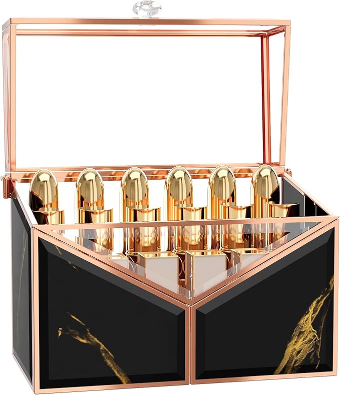 CoralHouse Lipstick Organizer - Black Glass Lipstick Holder & Nail Polish Organizer, 18-Slot Vanity Cosmetic Organizer with Removable Dividers,