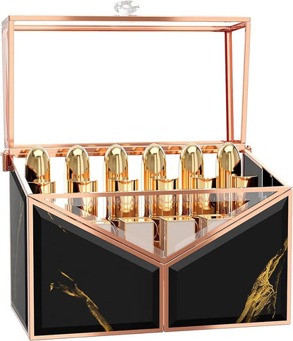 CoralHouse Lipstick Organizer - Black Glass Lipstick Holder & Nail Polish Organizer, 18-Slot Vanity Cosmetic Organizer with Removable Dividers,