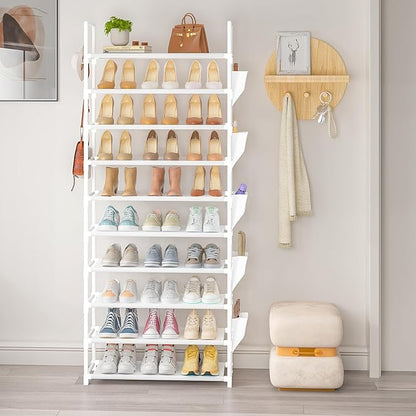 LUKYTOWER Tall Shoe Rack 10 Tier Shoe Racks Organizer for Closet 30-35Pairs,Large Capacity Storage Rack for Shoes with 5Hooks and Side Pocket,Sturdy Shoe Shelf, Vertical Shoe Stand Tower