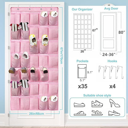 homyfort 35 Pockets Over the Door Shoe Organizer, Hanging Door Shoe Rack for Closet, Large Shoe Storage Holder Zapateras Organizer for Shoes (Pink)