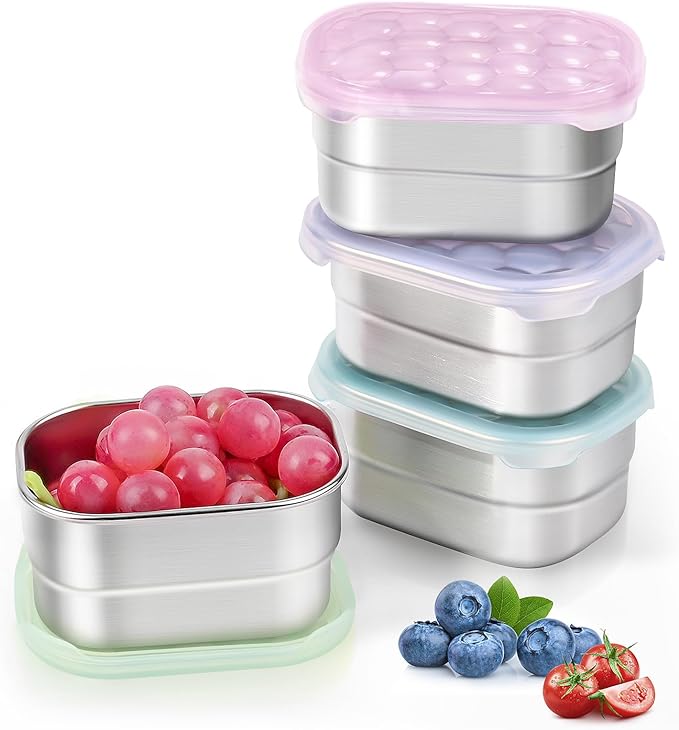 Tanjiae 8oz Small (1 CUP) Stainless Steel Snack Containers for Kids and Toddlers (Ages 1-3) | Easy Open Leak Proof Food Containers with Silicone Lids - Perfect Metal Lunch Box for Daycare and School