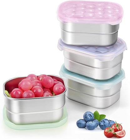 Tanjiae 8oz Small (1 CUP) Stainless Steel Snack Containers for Kids and Toddlers (Ages 1-3) | Easy Open Leak Proof Food Containers with Silicone Lids - Perfect Metal Lunch Box for Daycare and School