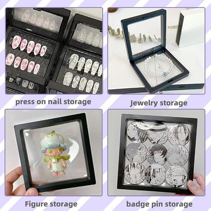 6 PCS 3D Floating Display Case with stand, Seashell Holder Frame Coins Floating Display Stand Transparent Jewelry Storage Box for Dollar Bill Fossils Stamps Bracelet (5.5x 5.5 x 0.8 Inch)