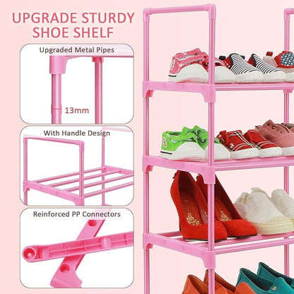 LNYZQUS 5-Tier Small Kids Shoe Rack Organizer, Pink Toddler Shoe Shelf Shoe Stand for Closet Narrow Space,Mini Shoe Storage Rack Short Shoe Tower for Women & Girls(Full Pink)