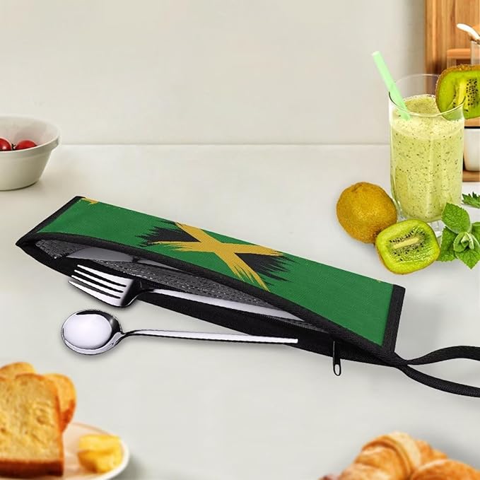 Jamaica Flag Portable Utensil Pouch Reusable Silverware Bag Travel Cutlery Carrying Case Stainless Steel Straws Pouch Chopsticks,11.8 Inch