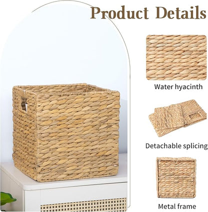 YAHUAN Foldable Water Hyacinth Storage Cubes 9X9 Hand Woven Wicker Storage Bins Square Basket Storage Basket for Shelves (Water hyacinth)