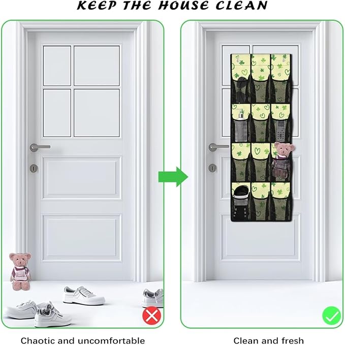 12-Compartment Behind The Door Hanging Organizer, Oxford Cloth Waterproof Large Capacity and Ideal for Storing Household Items, Green Heart and Lucky Leaf