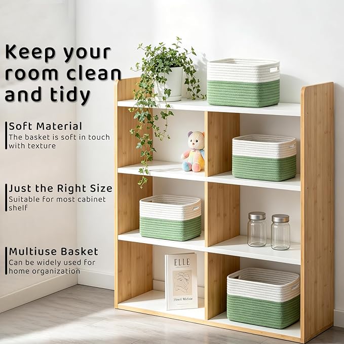 4 Pack Storage Baskets for Organizing, 12''Lx9''Wx8''H Woven Baskets for Storage Toys, Towels, Books, and Clothes, Cotton Rope Basket for Shelves with Handle