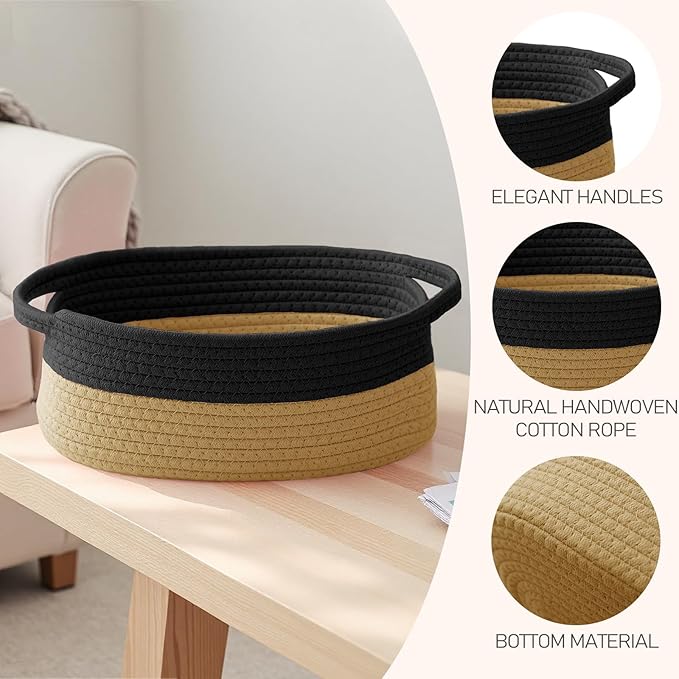 JMvicyroam Woven Basket,Small Rope Storage Bin with Handles & Ribbon Bag, Organizer for Shelves Closets,Gift Basket Empty for Birthday,Books,Dog Toys, Black&Jute/2 Pack