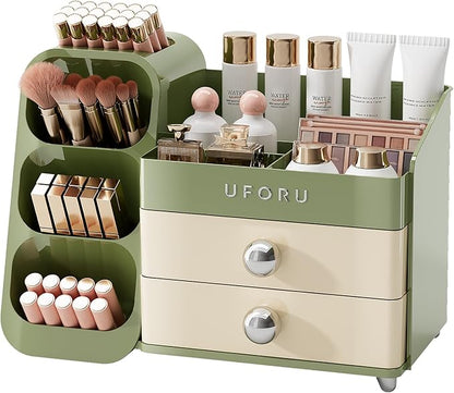 Makeup Organizer for Vanity with Brush Holder, Large Capacity Bathroom Countertop Skincare Organizer with 2 Drawers, Cosmetic Display Case for Perfumes, Eyeshadow Palettes, Nail Polishes