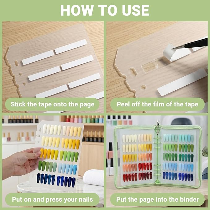 Segbeauty Nail Swatches Book with A5 Zipper Binder, Nail Polish Display Book with 240 Fake Nails, Adhesive Tape, Pocket Insert, Press on Nails Storage Organizer Case for Manicure Salon DIY, Green