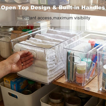 MOONEDGE Set of 12 Clear Plastic Storage Organizer Bins – 4 Large and 8 Small Nestable Space-Saving System for Under-Sink, Bathroom, Kitchen, Fridge & Cabinet Organization