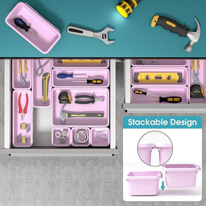 10 PCS Drawer Organizer Set, 4 Size Makeup Drawer Divider Organizer With Non-Slip Pads, Interlocking Plastic Storage Bins for Office,Jewelry Vanity,Gadgets, Bathroom,Kitchen, Purple
