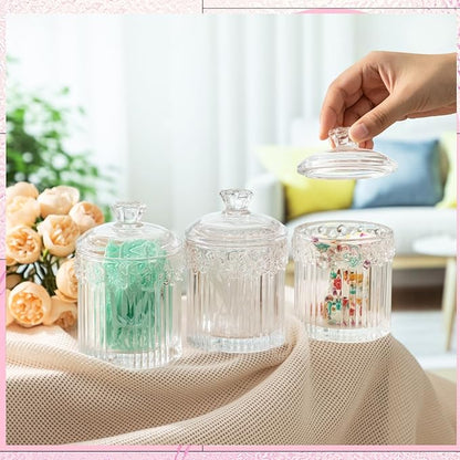 Hushee 4 Pcs Crystal Glass Candy Jar Set with Lids Home Decorative Storage Jars for Apothecary, Bathroom, Kitchen, and Pantry, Ideal for Cotton Swabs and Jewelry(Clear)