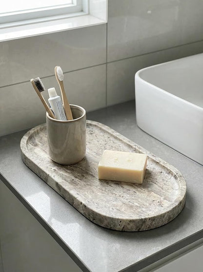 OOBOOB Oval Natural Marble Tray,Elegant Vanity Organizer for Jewelry, Perfume, Decorative Serving Tray for Coffee, Tea, or Dining Table Centerpiece,Countertop Storage Organizer for Home Bathroom