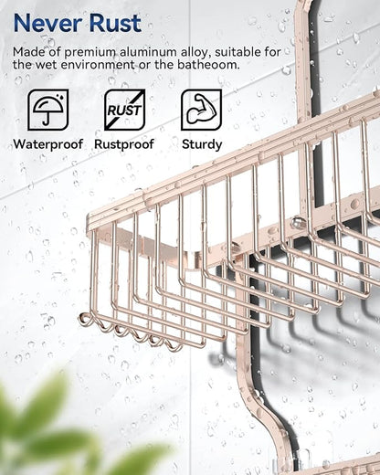 YASONIC Shower Caddy Hanging - Never Rust Shower Organizer - Aluminum over The shower head caddy with 10 Hooks for Razor/Sponge - Shower Rack with Soap Basket - Rose Gold