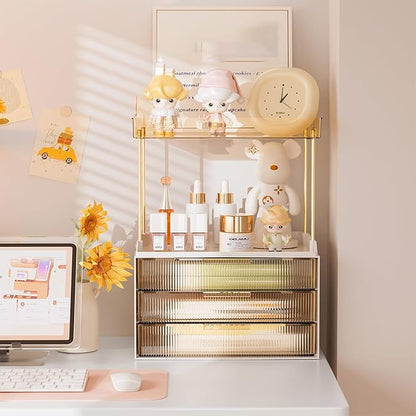 Delamu Bathroom Organizers and Storage, 2 Tier 3 Drawer Makeup Organizer Countertop, Easy to Install, Ideal for Bathroom Counter, Vanity, Ideal Gifts for Women Girls, Amber