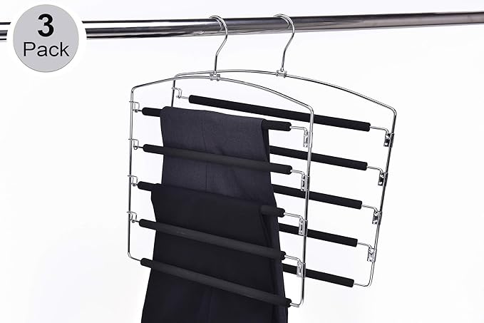 3 Quality Multi-Bar Metal Hangers - Real Heavy Duty, Space-Saving, Stable with Non-Slip Foam Padding, Swivel Hook for 5 Jeans Each - Suitable for Pants, Scarves, Towels, Trousers
