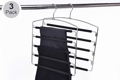 3 Quality Multi-Bar Metal Hangers - Real Heavy Duty, Space-Saving, Stable with Non-Slip Foam Padding, Swivel Hook for 5 Jeans Each - Suitable for Pants, Scarves, Towels, Trousers