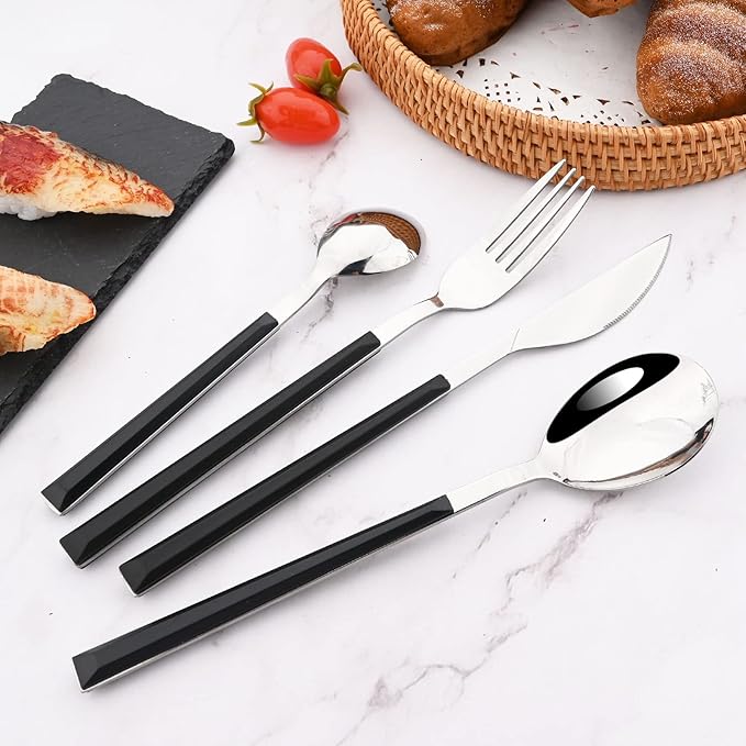 24Pcs Black Handle Flatware Silverware Set with Stand, Silver Stainless Steel Cutlery Set for 6, Square Handle Eating Utensils, Mirror Polished