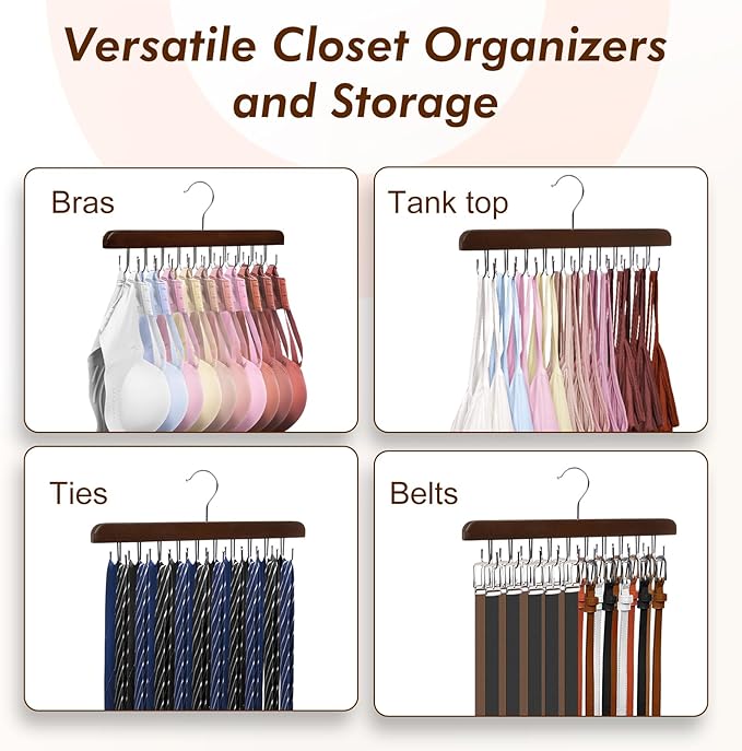HOUSE DAY Belt Hanger for Closet 2 Pack, 40 Hooks Bra/Tie/Tank Top Hanger, Space Saving Hangers Storage Max 40 Belts/Ties, Sturdy Wooden Belt Rack Closet Accessories