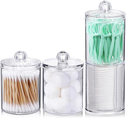 AOZITA 4 Pcs, Acrylic Qtip Holder Dispenser for Cotton Swab, Ball, Round Pads, Floss Picks - Clear Plastic Apothecary Jar Set for Bathroom Canister Storage Organization, Vanity Makeup Organizer
