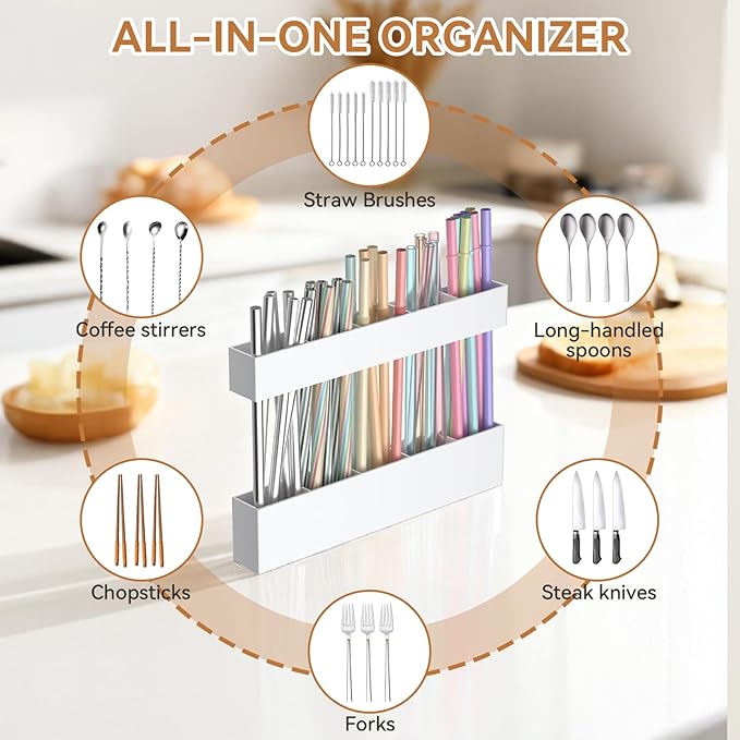 9.5 Inch Cabinet Door Acrylic Straw Holder with Double-Sided Tape, Kitchen Countertop Cabinet Storage Box in (White)