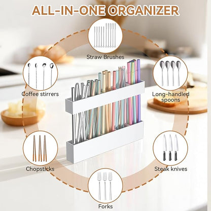 9.5 Inch Cabinet Door Acrylic Straw Holder with Double-Sided Tape, Kitchen Countertop Cabinet Storage Box in (White)