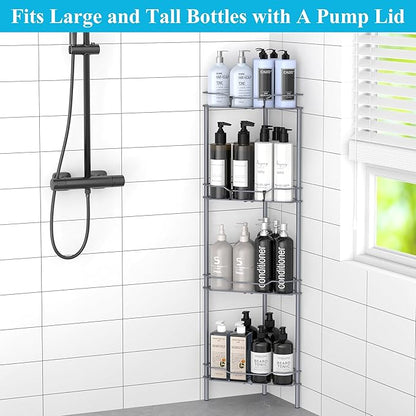 HuggieGems 4 Tier Floor Standing Corner Shower Caddy Organizer Shelf with Hooks, Bathroom Shelves Stand Rack, Dark Gray