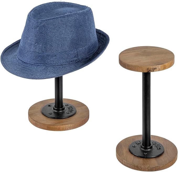 MyGift 2 Pcs Hat Holder Stand, Cowboy Hat Rack, Baseball Cap Organizer Storage with Industrial Metal Pipe, Wig or Jewelry Display Riser, Natural Acacia Wood