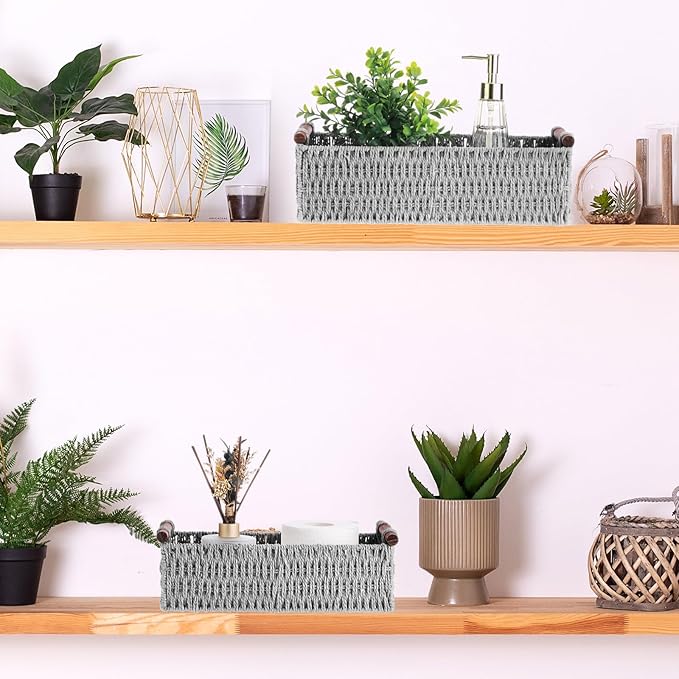 Boao 3 Pcs Boho Storage Wicker Baskets Handmade Woven Decorative Paper Rope Baskets for Organizing with Handle Countertop Toilet Paper Storage Container for Toilet Tank Top(Light Grey,Rectangle)