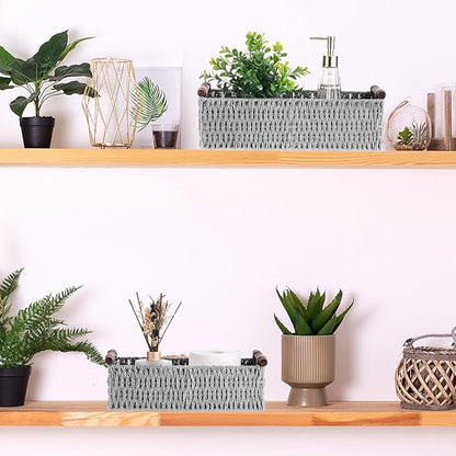 Boao 3 Pcs Boho Storage Wicker Baskets Handmade Woven Decorative Paper Rope Baskets for Organizing with Handle Countertop Toilet Paper Storage Container for Toilet Tank Top(Light Grey,Rectangle)