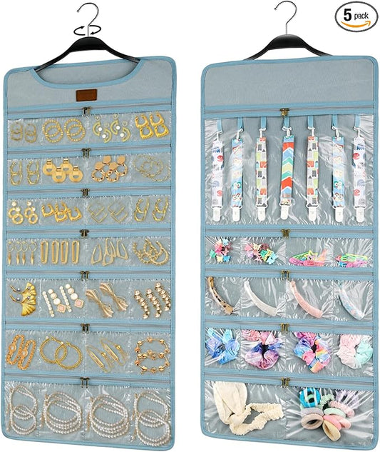 SMRITI Hanging Jewelry Organizer with Dual Zippered Pockets Canvas Double Sided Rotating Hanger Necklace Hanging Wall Organizer Earring Dustproof Holder Wall Mount Accessories Display Bag(Light Blue)