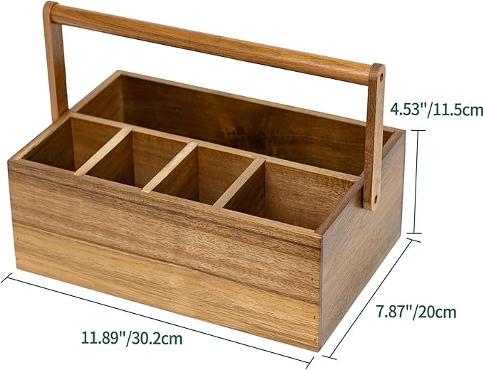 VaeFae Acacia Silverware Caddy with Handle, Wooden Utensil Holder, Mulip-pose Organizer for Kitchen, Office, Bathroom, Bedroom (Large, 5 compartments)