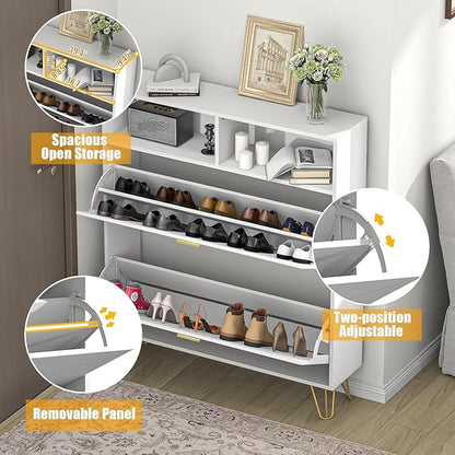 JOZZBY Large Shoe Cabinet for Entryway, 46'' White Narrow Shoe Storage Cabinet with 2 Flip Drawers and Open Shelves, Hidden Wide Freestanding Shoe Rack for Hallway, Set of 2