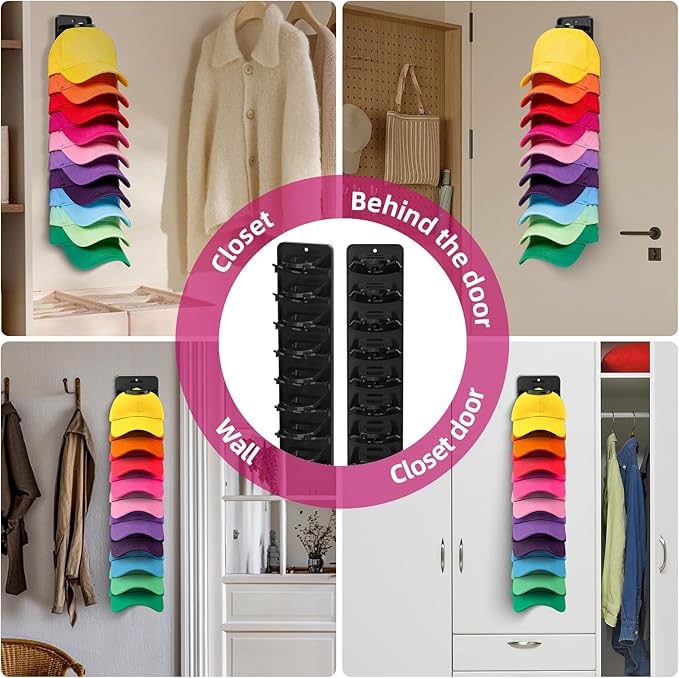 Spring Clip Hat Organizer for Baseball Caps – 2 Pack, Wall Hat Rack for Door & Closet – Keeps 20 Hats Tidy in Entryway, Dorm, Bedroom – Multi-Layer Cap Storage (Adhesive or Screws)