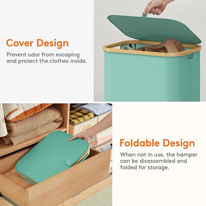 Lifewit 80L Laundry Basket with Lid, Clothes Hampers for Laundry with Bamboo Handles and 1 Removable Bag, Large Foldable Laundry Hamper for Bedroom, Bathroom, Dorm, Laundry Room, Sage Green