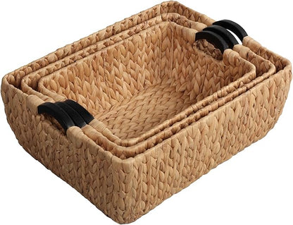 happimess BSK2020A-3SET Astor Bohemian Farmhouse Handwoven Water Hyacinth Nesting Storage Baskets with Wood Handles, Seagrass Containers for Decoration in Living Room, Bedroom, Natural (Set of 3)