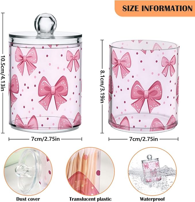 Pink Bows Qtip Holder with Lid,2Pack Clear Plastic Apothecary Jars Bathroom Storage Containers for Cotton Swab,Cotton Ball,Floss Picks,Tea,Coffee