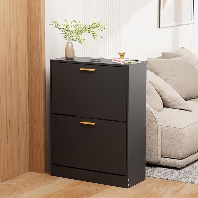 JOZZBY Shoe Cabinet Storage for Entryway, Slim Black Hidden Shoe Organizer Cabinet with 2 Flip Drawers, Wooden Narrow Shoe Rack with 2 Tier Freestanding for Hallway, Living Room