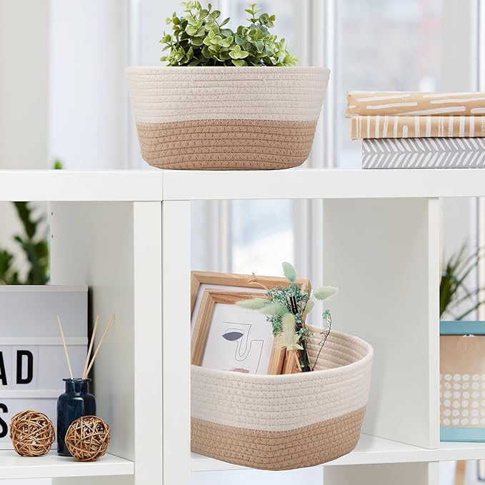 Sawysine 6 Pcs Storage Baskets Bulk for Organizing Cotton Rope Woven Basket with Handles for Gift Cloth Shelves Blanket Toys Living Room(Khaki and White)