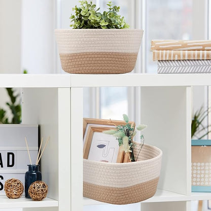 Sawysine 6 Pcs Storage Baskets Bulk for Organizing Cotton Rope Woven Basket with Handles for Gift Cloth Shelves Blanket Toys Living Room(Khaki and White)