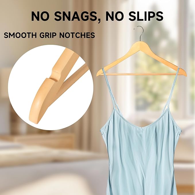 Quality Wooden Clothes Hangers, Solid Wood Suit & Coat Hangers with Pants Bars, Swivel Hook, Shoulder Notches, Heavy Duty Hangers for Shirts, Jackets, Dresses & Trousers(Natural Wood/36-Pack)
