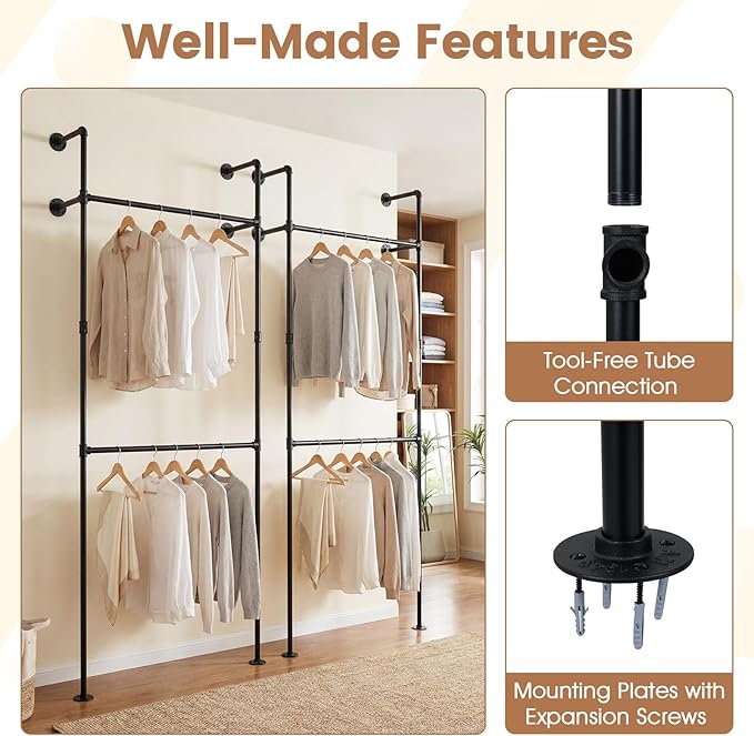 Giantex Industrial Pipe Clothing Rack, 42" Wall Mounted Heavy-Duty Metal Garment Organizer with 2 Hanging Rods, 2-Tier Walk-in Closet System for Wardrobe Closet, Retail Display