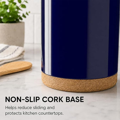 Ceramic Kitchen Utensil Holder for Countertop, Modern Crock with Non-Slip Cork Base, Counter Organizer for Cooking Tools , Blue