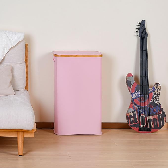 iEGrow 65L Slim Laundry Hamper, Narrow Laundry Basket with Lid,Foldable Clothes Hamper with Bamboo Handles,Hamper Basket with Removable Inner Bag for Laundry Room Bedroom College Dorm,17.17 Gals Pink