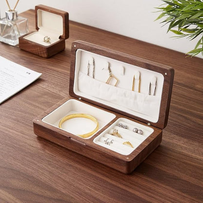 Solid Walnut Wood Jewelry Box for Women & Men - Vintage Travel Organizer with Portable Mini Case, Earring Storage, chinoiserie Handcrafted Gift (Walnut, Square)